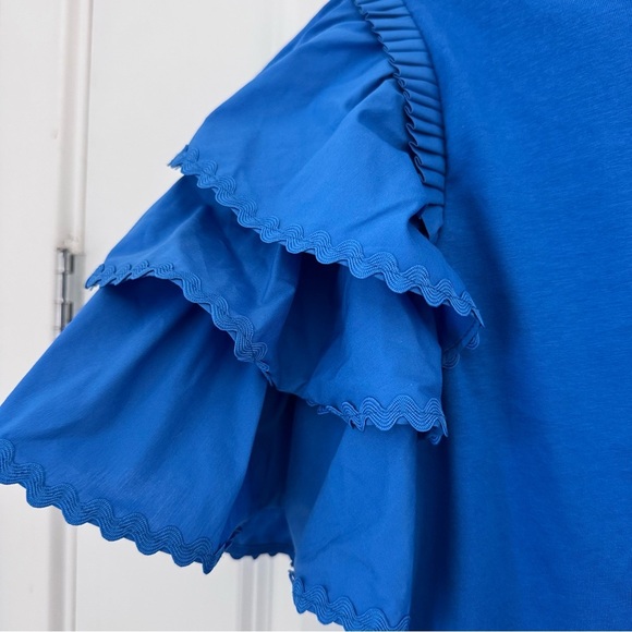 Marc New York Andrew Marc Cobalt Blue Ruffled Blouse with Short Sleeves Size Med - Picture 3 of 6